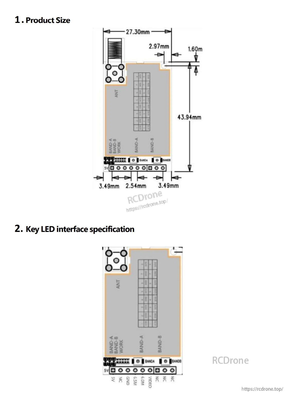 RCDrone R3340 3.3GHz Analog Video Receiver VRX, Product measures 27.30mm x 43.94mm with LED interface pins; precise dimensions for assembly and integration.