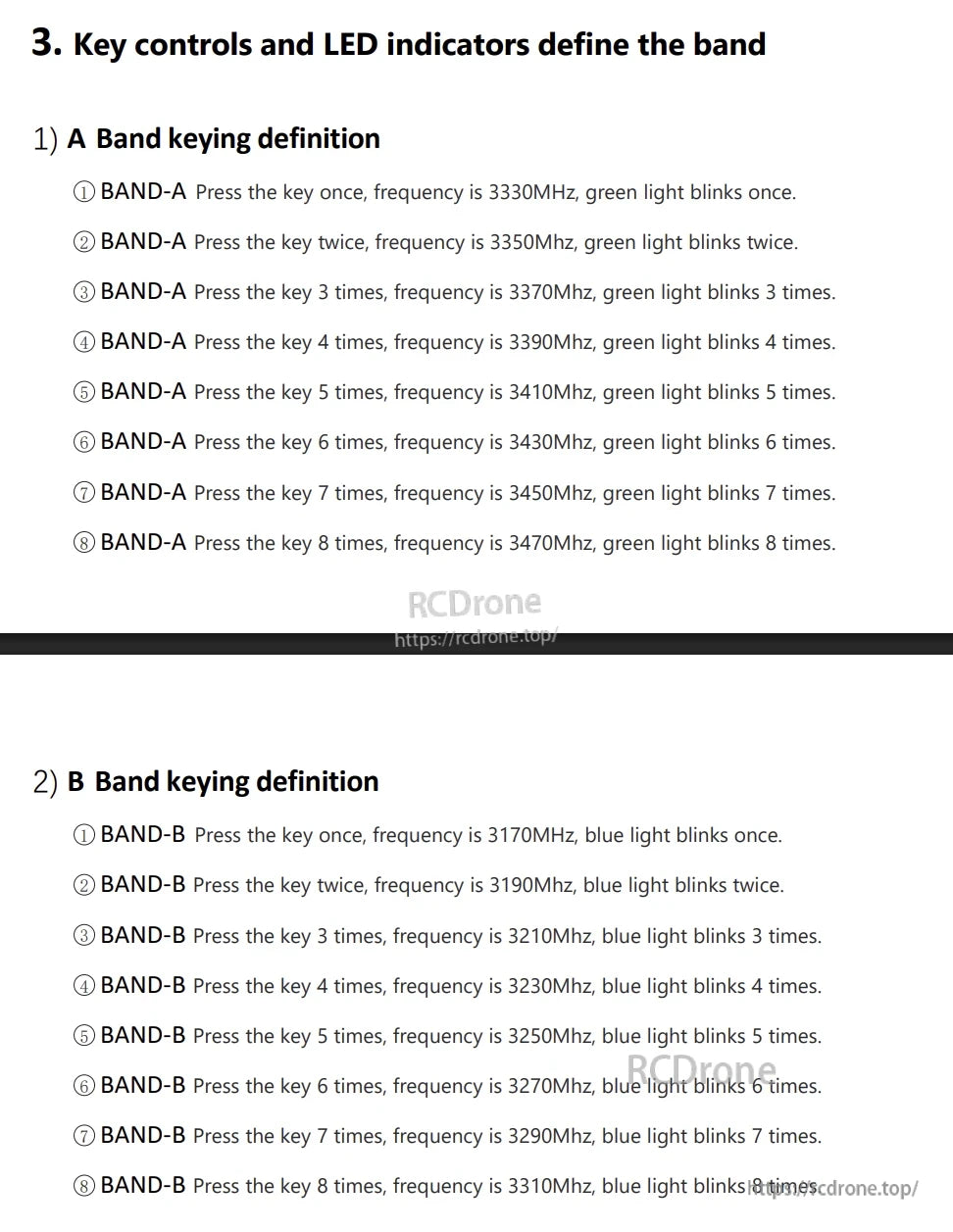 RCDrone R3340 3.3GHz Analog Video Receiver VRX, Key presses set frequency bands (A: green, B: blue), with 1–8 presses indicating specific MHz and blink counts.