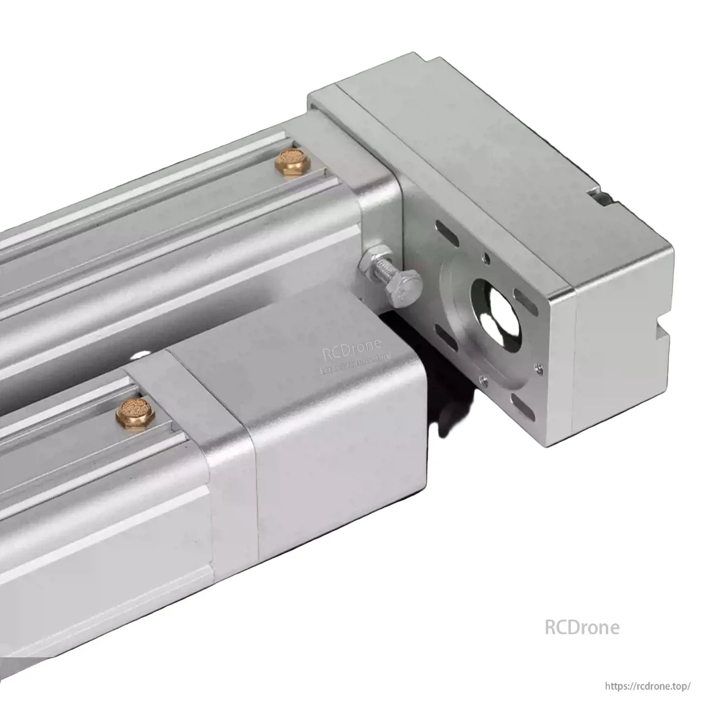 Silver linear actuator with high thrust, speed, and stroke; precision mechanical design for industrial applications.