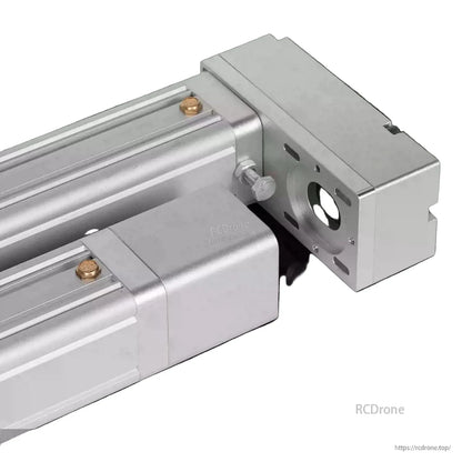 Silver linear actuator with high thrust, speed, and stroke; precision mechanical design for industrial applications.