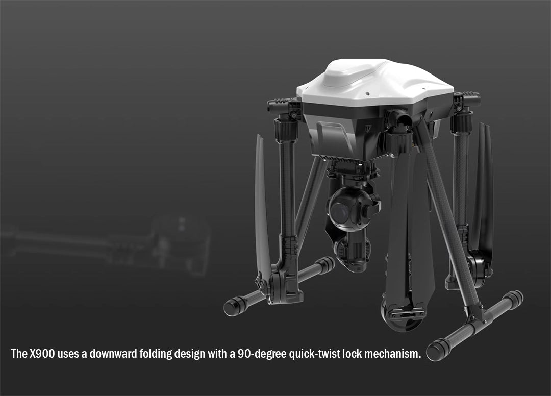 The RCDrone X900 has a distinct design with a 90-degree locking mechanism for effortless unfolding and use.
