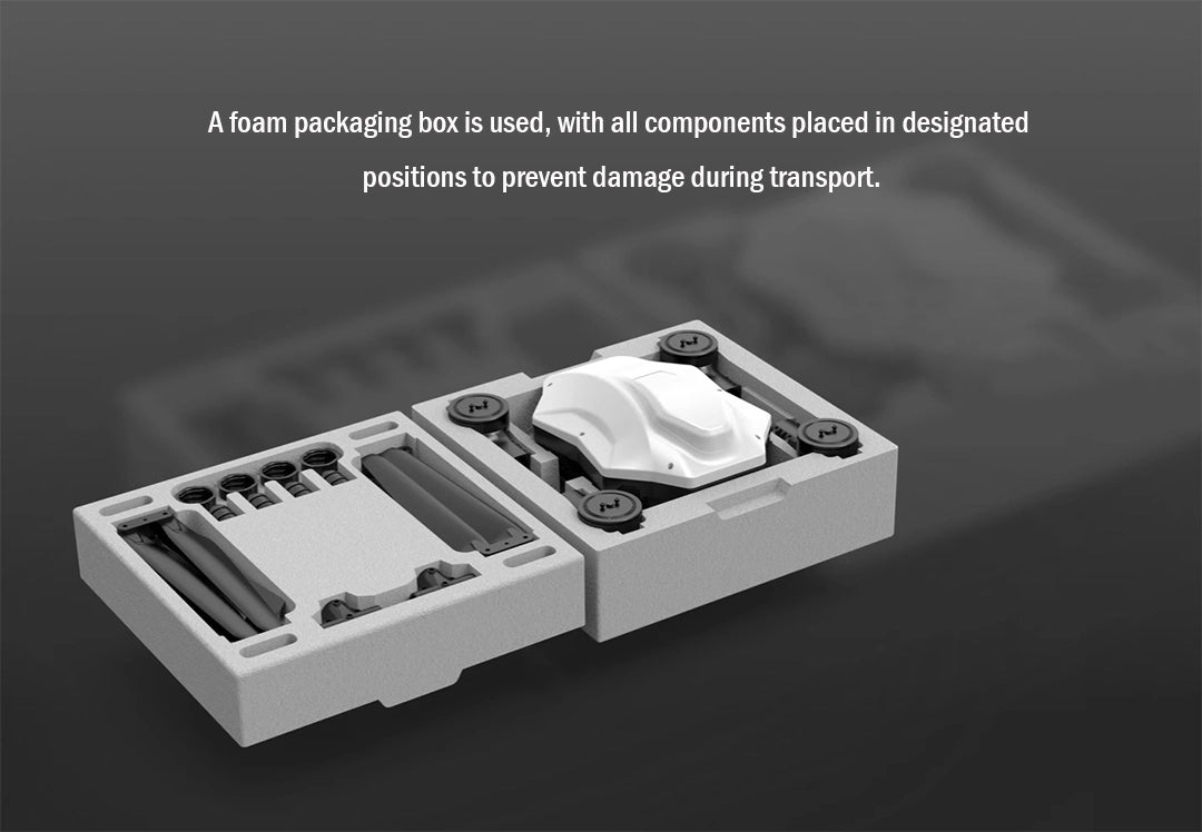 RCDrone, A foam packaging box is used to prevent damage during transport, with components placed in designated positions.