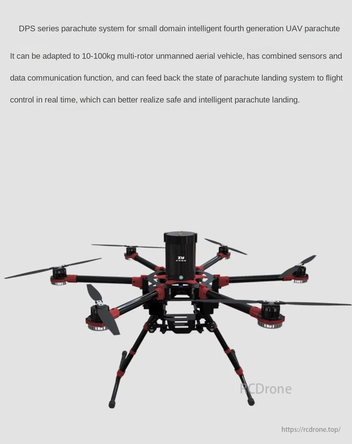 RCDrone XU DPS Drone, DPS series parachute system for 10-100kg multi-rotor UAVs, ensuring safe, intelligent landing with real-time feedback.