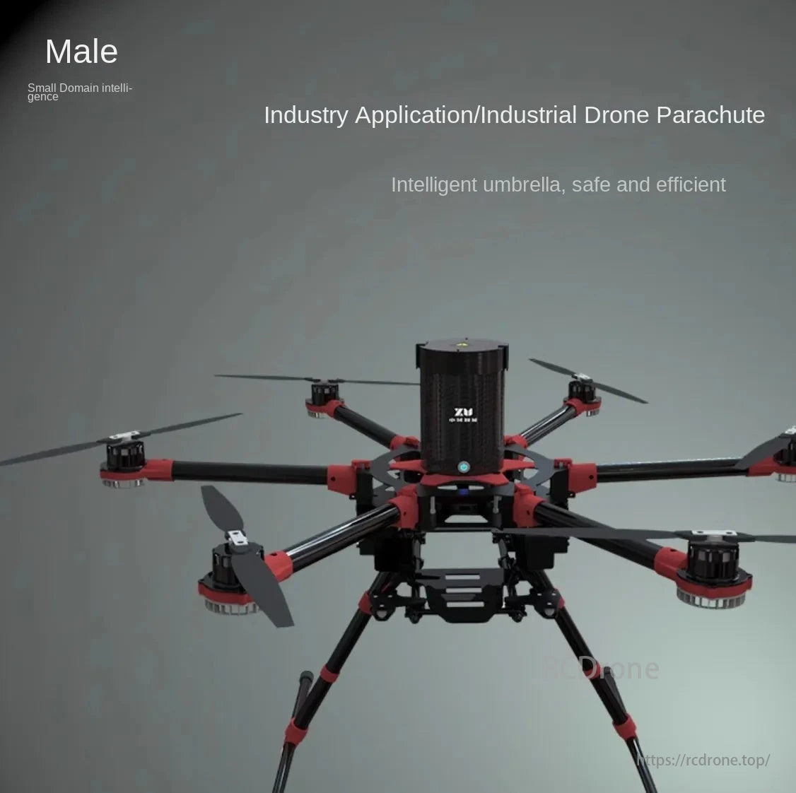 RCDrone XU DPS Drone, A six-rotor drone with a central black cylinder, featuring small domain intelligence and an industrial parachute for safe, efficient performance.
