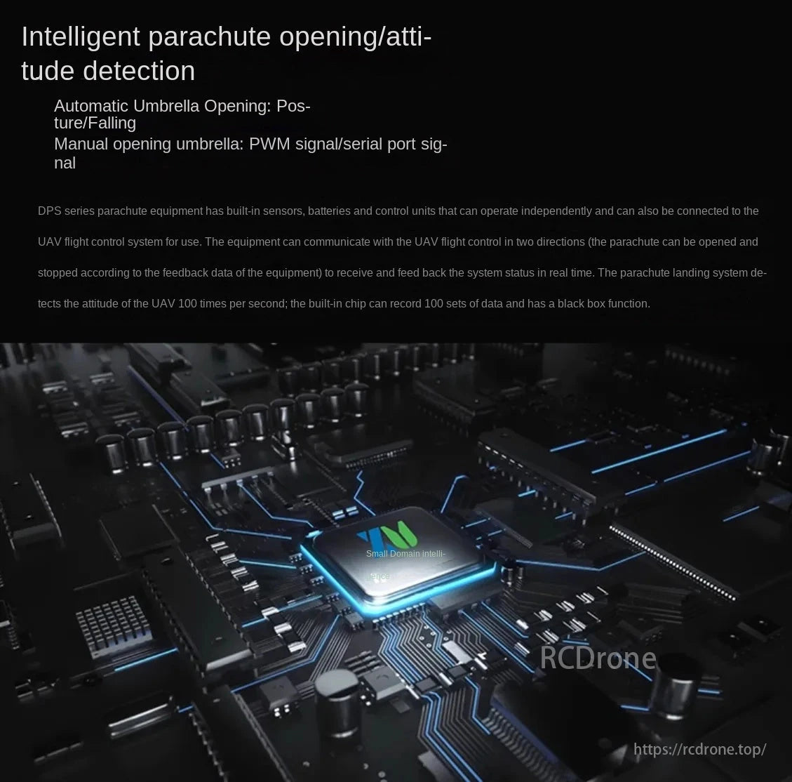RCDrone XU DPS Drone, An intelligent parachute system with automatic/manual opening, sensors, and real-time feedback ensures UAV landing safety through precise attitude detection.