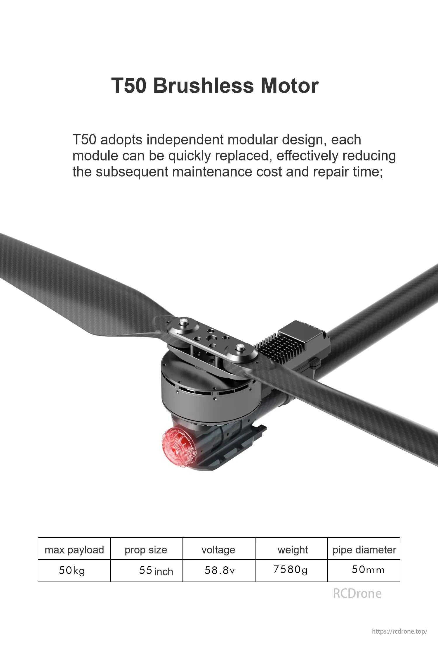 RCDrone, T50 Brushless Motor: Modular, quick replace, low maintenance. 50kg payload, 55-inch props, 58.8V, 7580g, 50mm pipe.