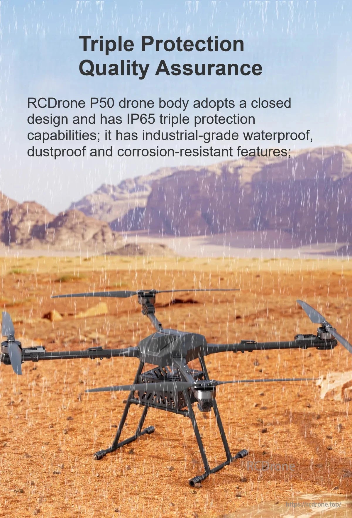 RCDrone, P50 drone features IP65 protection, ensuring waterproof, dustproof, and corrosion-resistant quality.