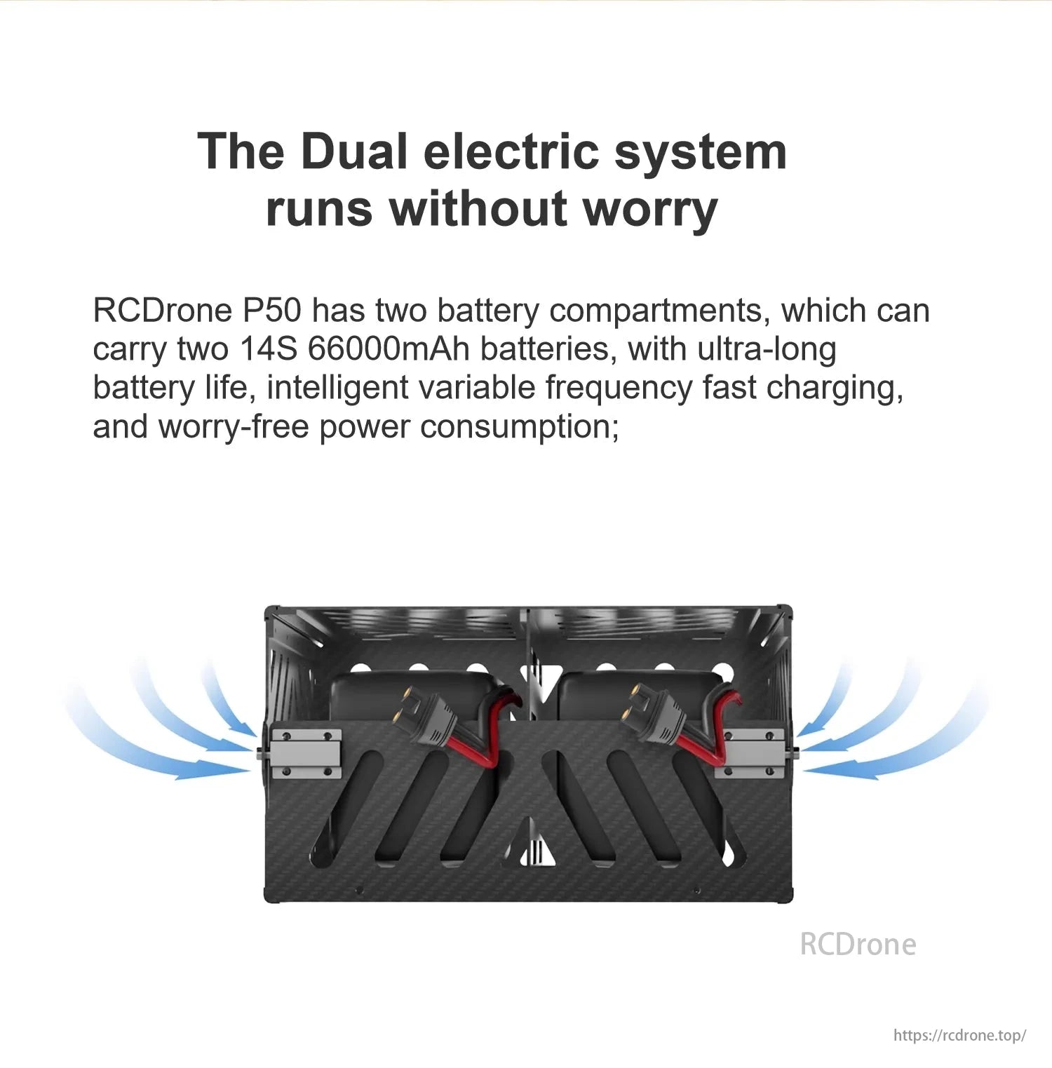 RCDrone, P50's dual electric system with two 14S 66000mAh battery compartments ensures long life, efficient power consumption, and worry-free operation.