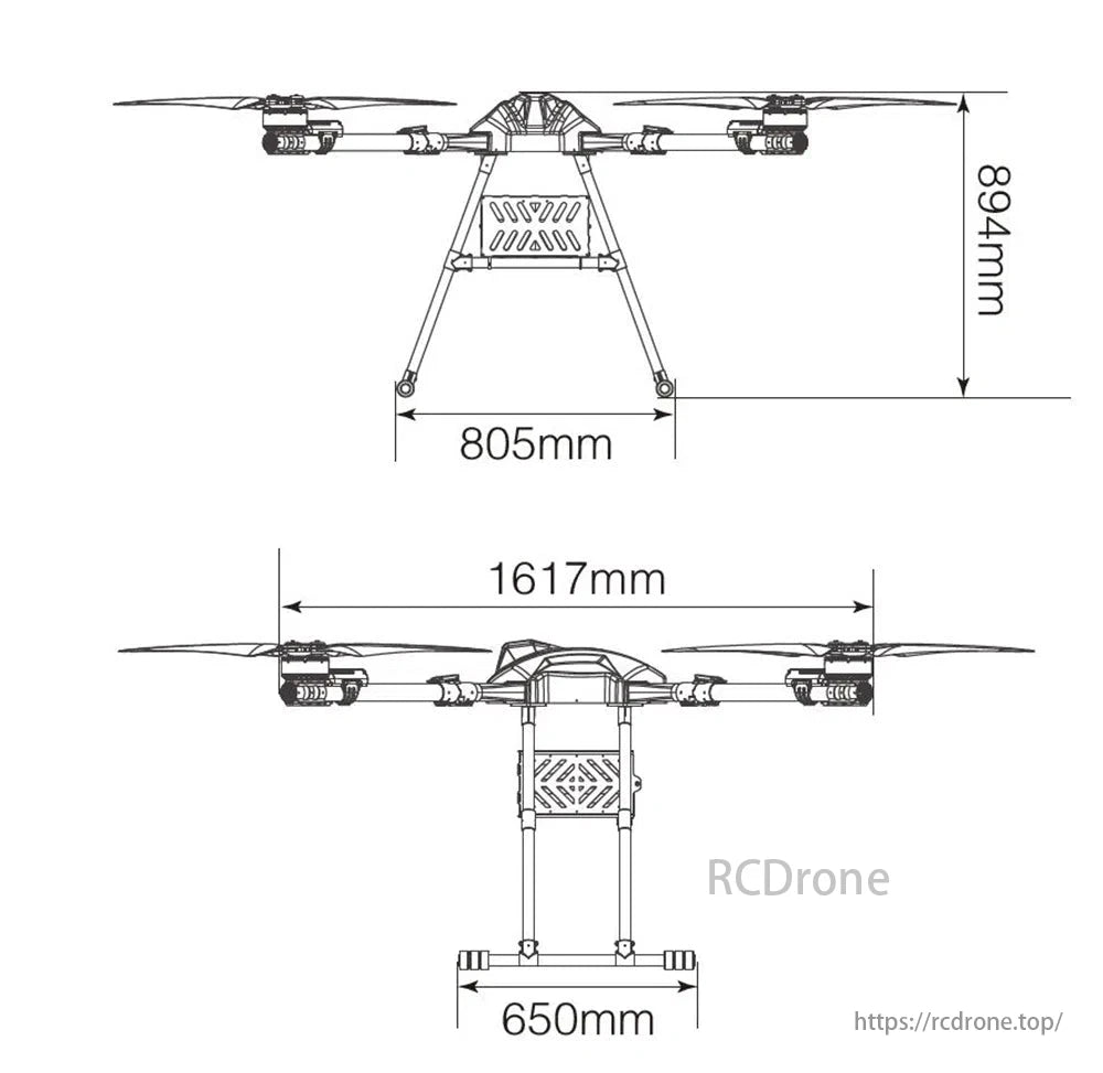 RCDrone, Modular T50 brushless motors feature a 55-inch propeller and 58.8V input, weighing 7580g with a 50mm pipe diameter.