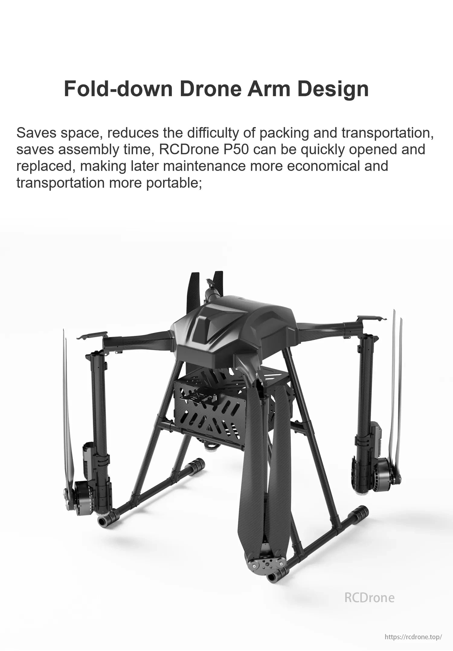 RCDrone, Fold-down drone arms save space, ease packing/assembly, and allow quick maintenance.