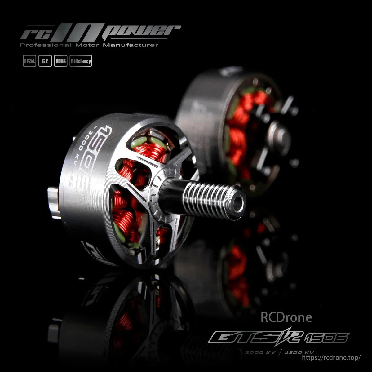 RCINPOWER GTS V2 1506 Brushless Motor, RCINPOWER GTS V2 1506 3000KV/4300KV brushless motor for FPV racing drones, from a professional manufacturer with IP34, CE, ROHS, and Efficiency certifications.