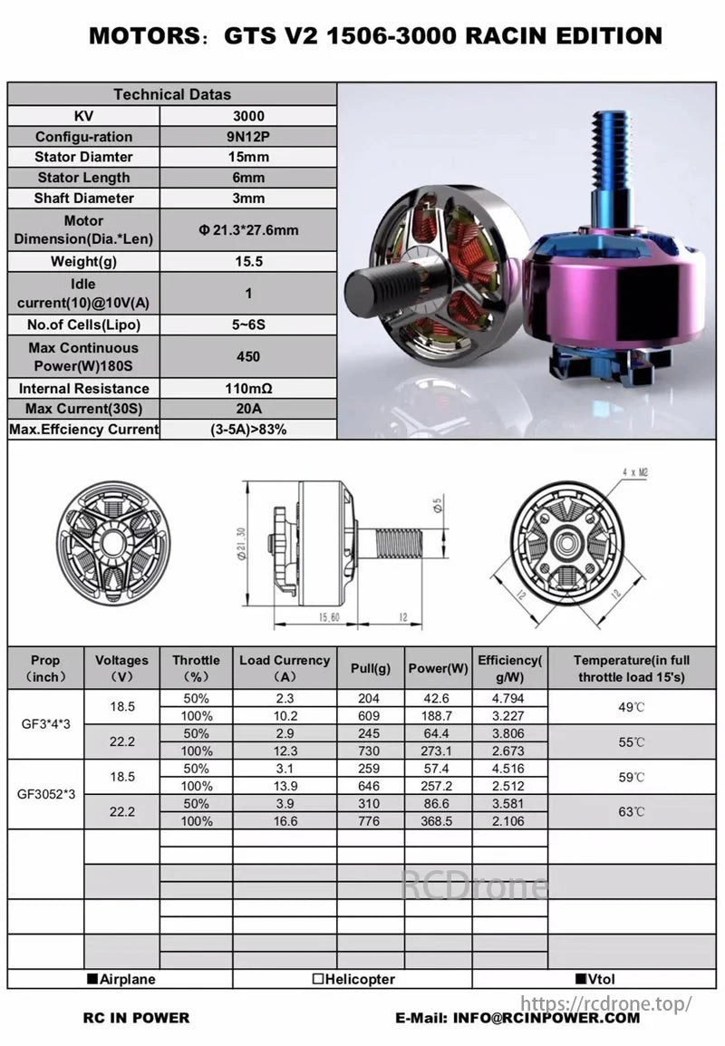 RCINPOWER GTS V2 1506 Brushless Motor, GTS V2 motors, 1506-3000KV, 15mm stator, 450W, 20A, >83% efficiency, perfect for FPV racing drones.