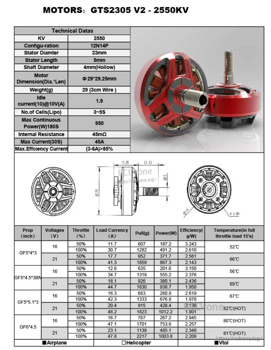 RCINPOWER GTS2305 V2 2550KV brushless FPV motor in red with technical data and dimension chart