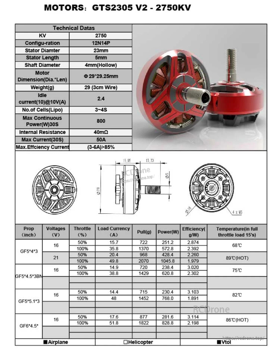 RCINPOWER GTS2305 V2 2750KV brushless FPV motor with technical specs, dimensions, and thrust test table