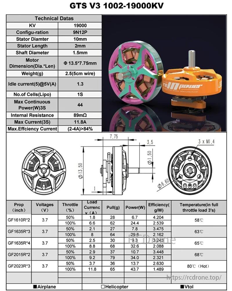 RCINPOWER GTS V3 1002 Brushless Motor, GTS V3 motor: KV 19000, 10mm stator, 2.5g weight, 44W max power, >84% efficiency. Ideal for RC models.