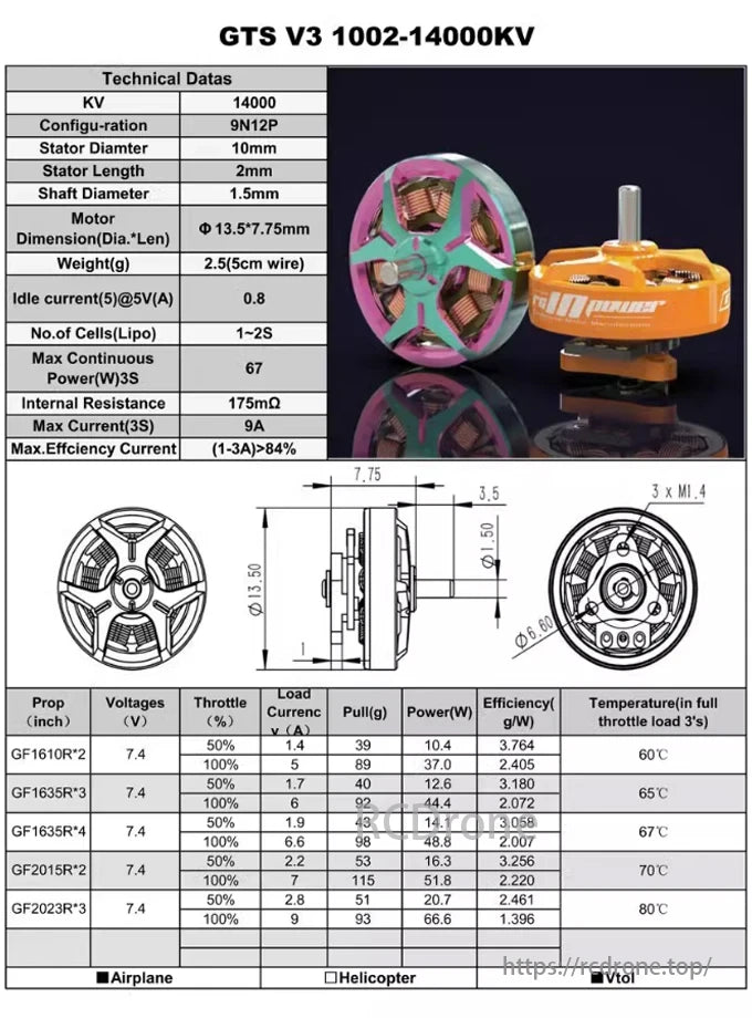 RCINPOWER GTS V3 1002 Brushless Motor, GTS V3 1002-14000KV motor: 14,000 KV, 9N12P, 10mm stator, 2.5g, 67W, 9A, >84% efficiency. Perfect for RC models with various props and voltages.