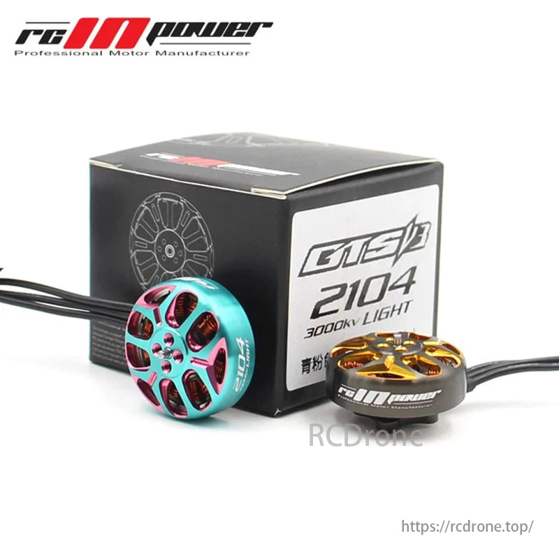 RCINPower GTS V3 2104 brushless motor for FPV racing drones, compatible with 3-6S batteries, available in 1800KV/3000KV.