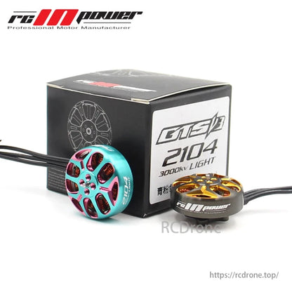 RCINPower GTS V3 2104 brushless motor for FPV racing drones, compatible with 3-6S batteries, available in 1800KV/3000KV.