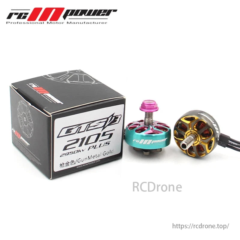 RCINPower GTS V3 2105 Plus brushless motor for 5-inch FPV drones, with 1850KV, 2950KV, and 3600KV options.