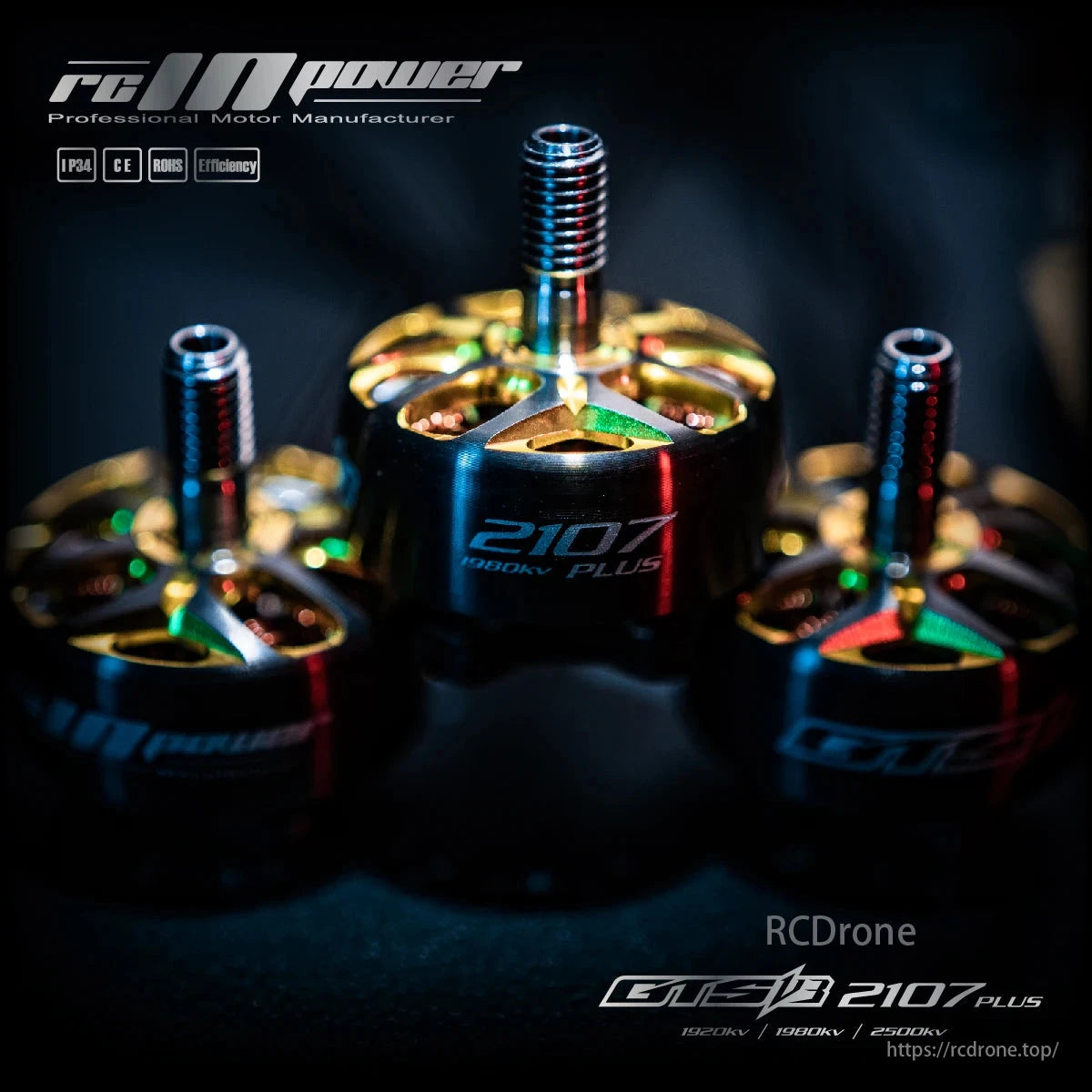 RCINPower GTS V3 2107 Plus brushless motor for racing drones, with 1980KV, 2080KV, 2480KV options, ideal for FPV freestyle.