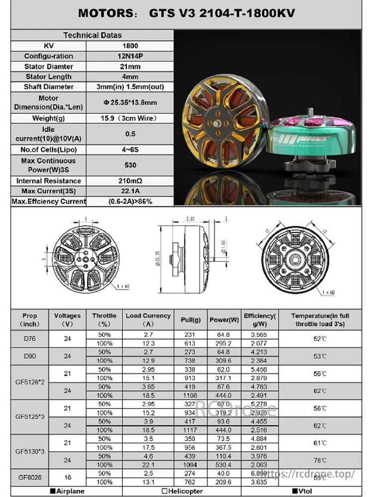 RCINPower GTS V3 motor specs include 1800KV, 21mm stator, 15.9g weight, 530W max power at 3S, >86% efficiency, with prop test data for pull, power, and temperature.