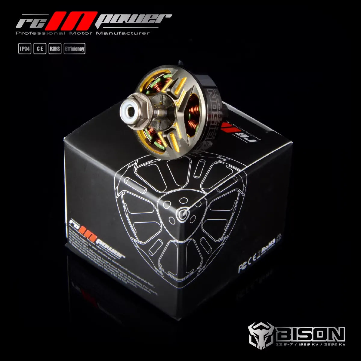 RCInpower Bison 22.5-7 FPV drone brushless motor on retail box, open-bell design with exposed copper windings