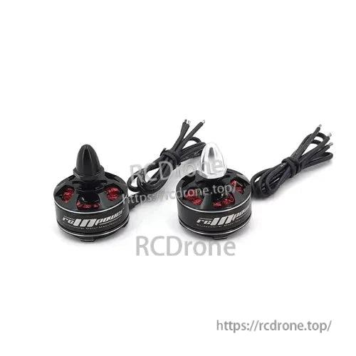 RCInpower QAV2206 brushless FPV motor with black bell and long pre-soldered wires, shown from top and side
