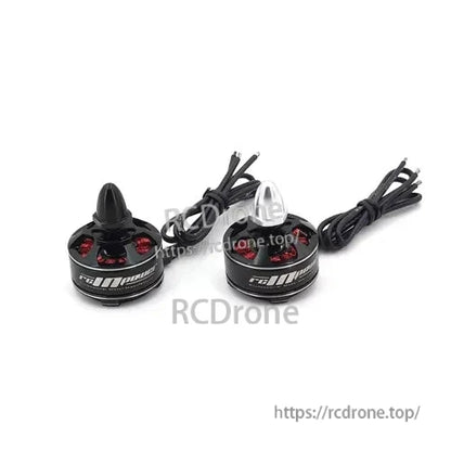 RCInpower QAV2206 brushless FPV motor with black bell and long pre-soldered wires, shown from top and side