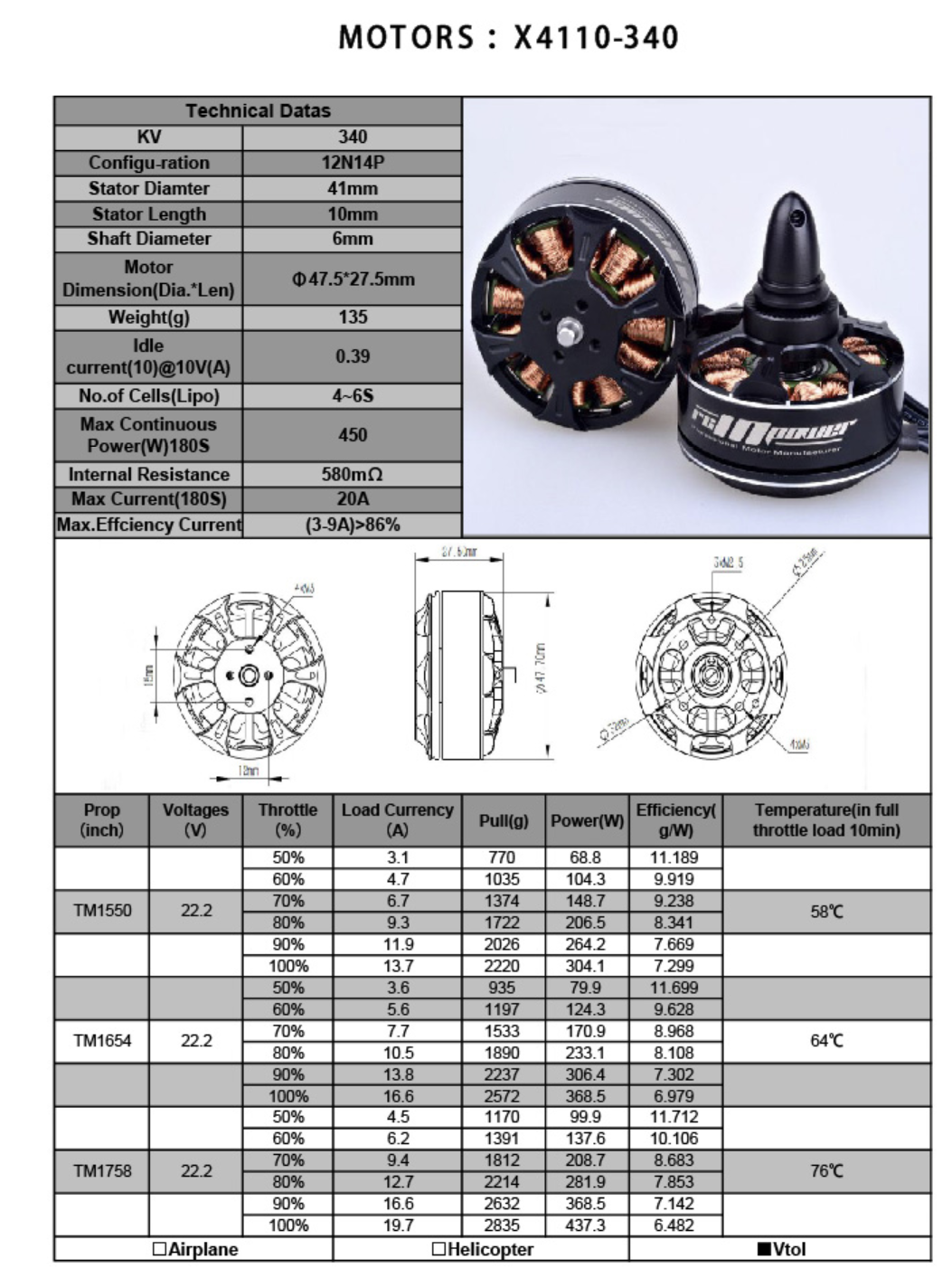 RCInpower X4110 340KV 400KV Brushless Motor for Multirotor VTOL Drone