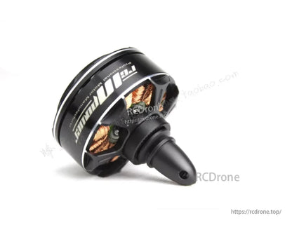 RCInpower X4110 Brushless Motor, RCInpower X4110 brushless drone motor in black, showing exposed copper windings and prop adapter nose cone
