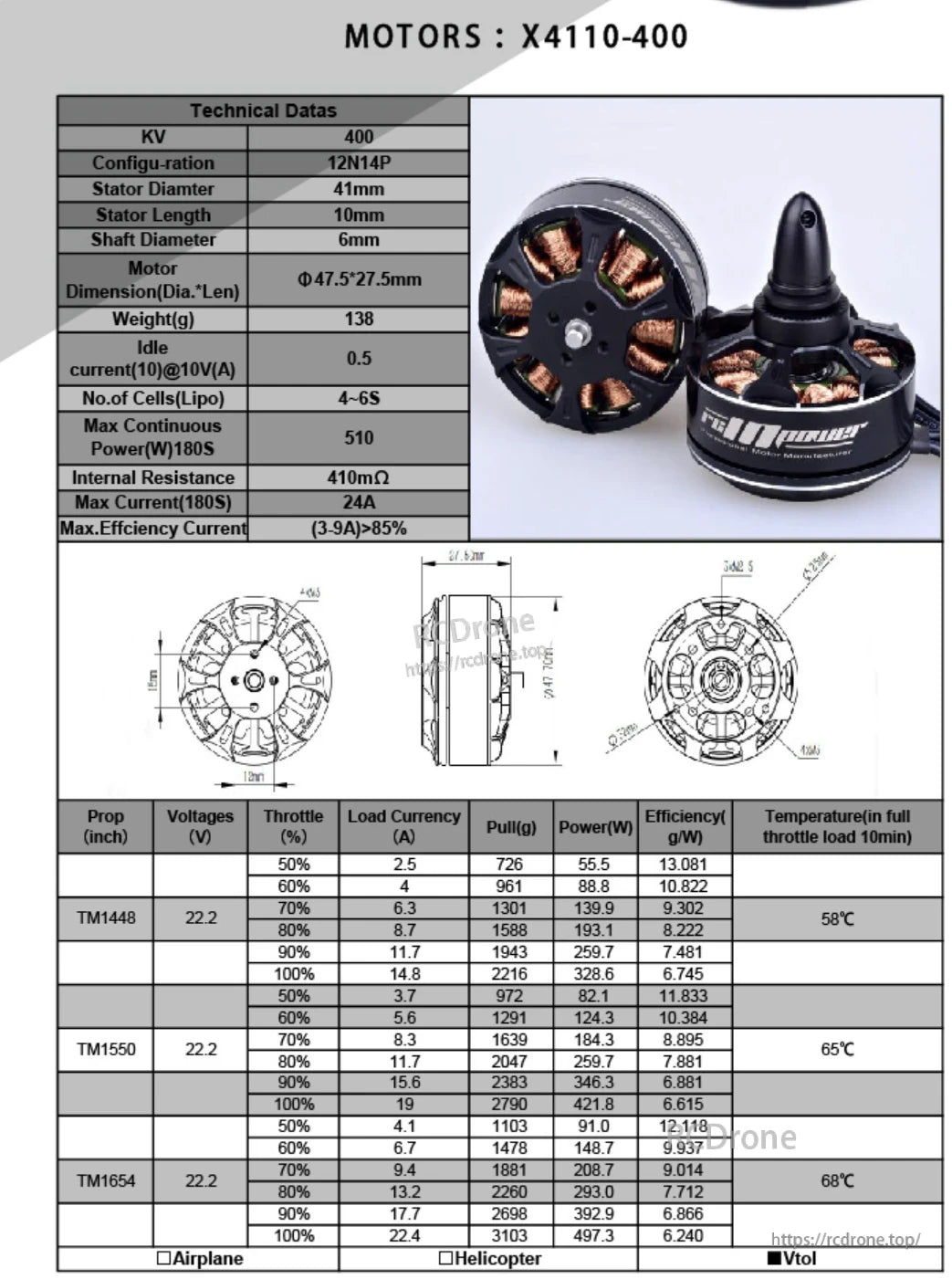 RCInpower X4110 340KV 400KV Brushless Motor for Multirotor VTOL Drone
