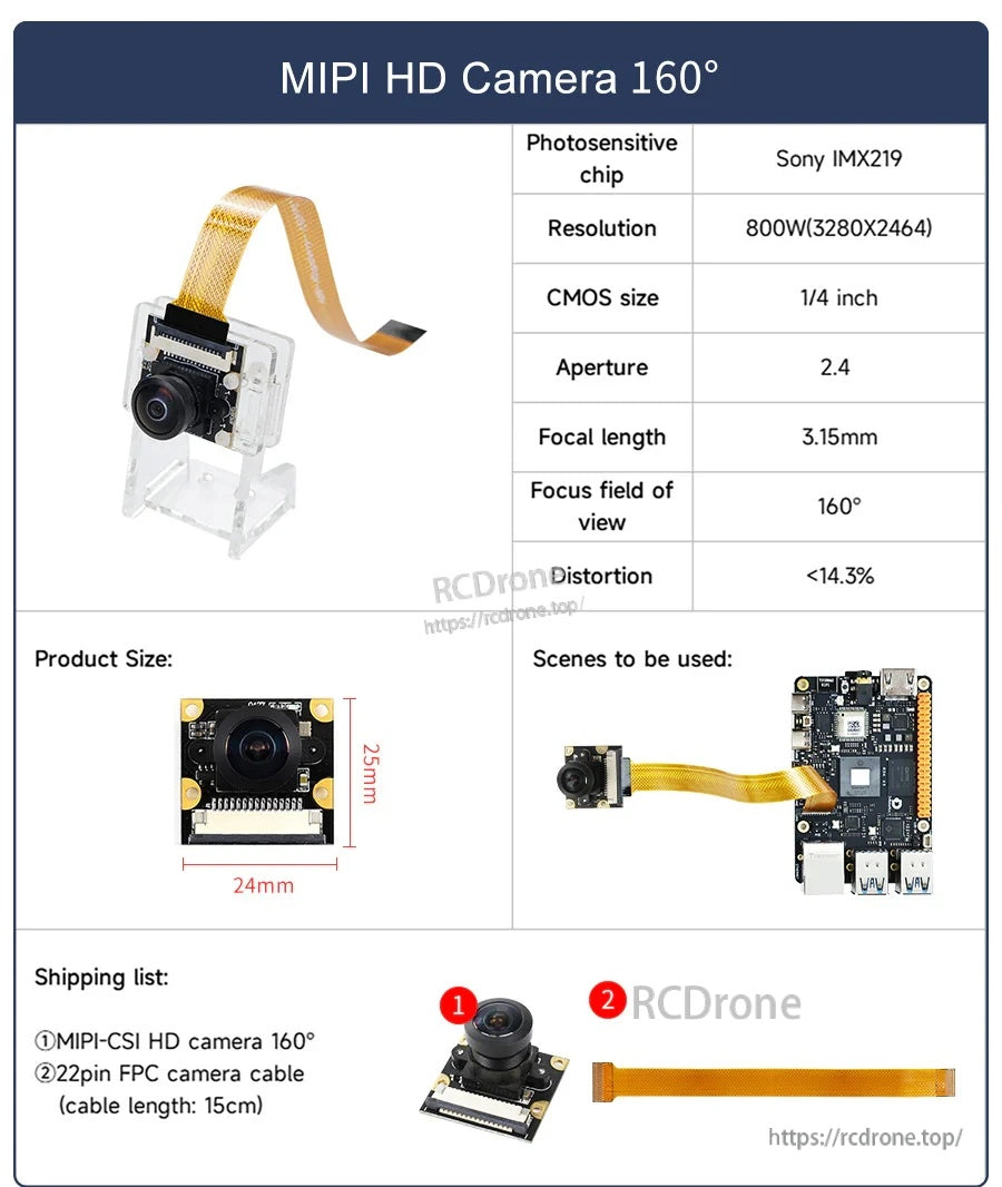 160° wide-angle MIPI HD camera specs card with Sony IMX219 and acrylic bracket mount