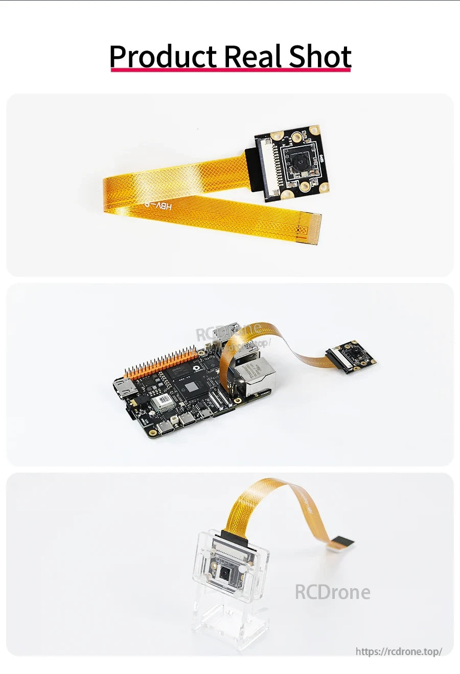 Yahboom RDK MIPI HD Camera real shots: camera with FPC cable, connected to board, and on bracket