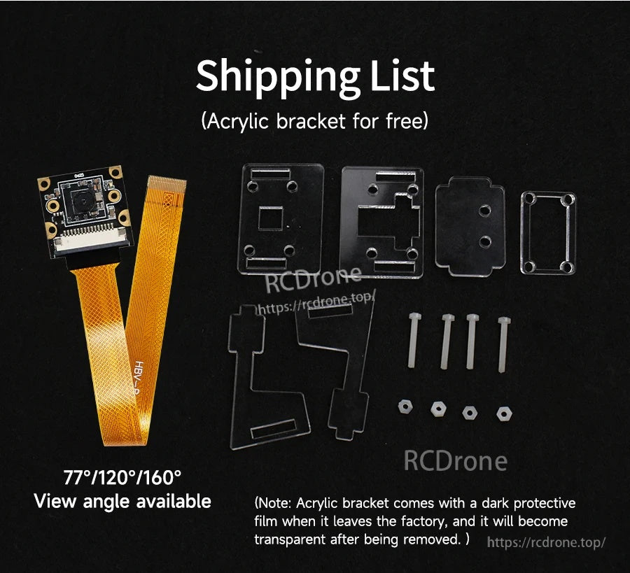 What’s included: MIPI camera module, 22-pin FPC cable, and acrylic bracket parts with screws