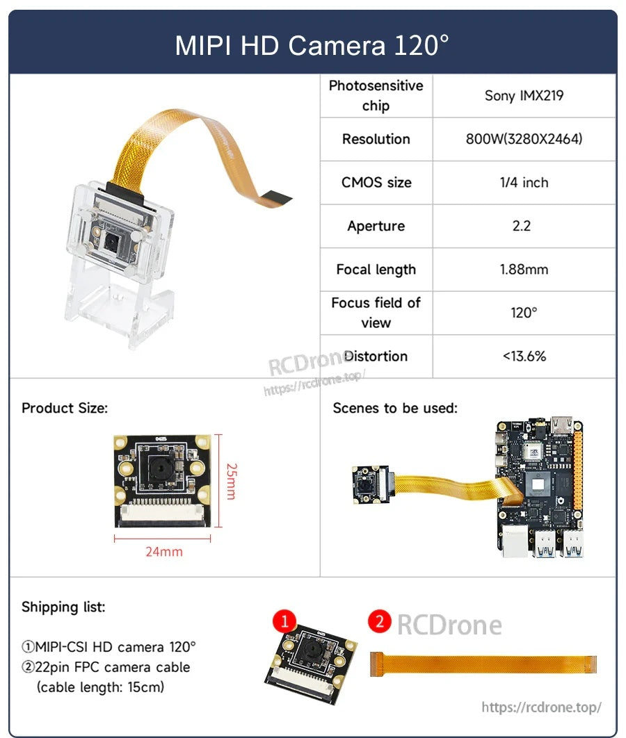 120° FOV MIPI HD camera specs card with Sony IMX219 and 15 cm 22-pin FPC cable