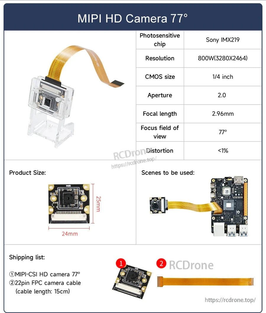 77° FOV MIPI HD camera specs card: Sony IMX219, 3280×2464, 24×25 mm module, 15 cm cable