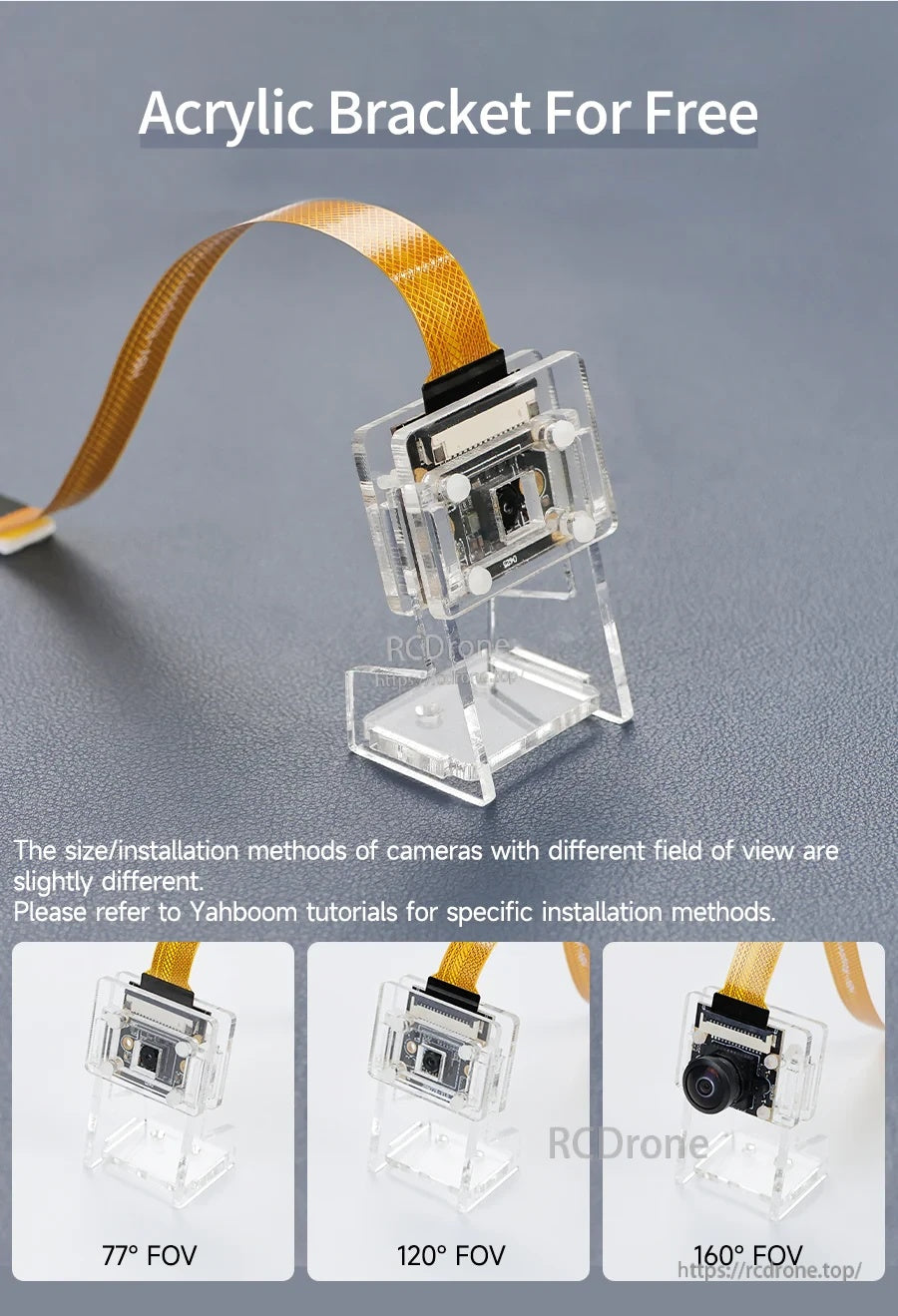 Camera module mounted on free acrylic bracket with FPC cable; 77°, 120°, and 160° lens options