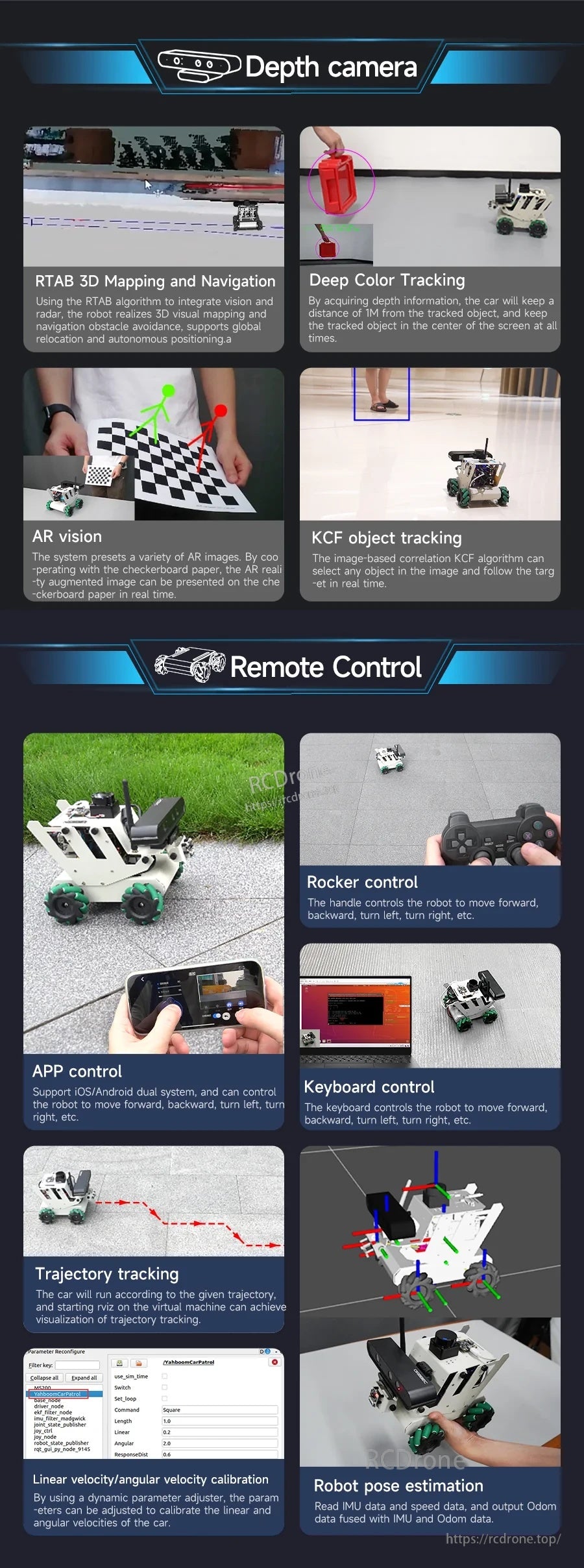 Depth camera and remote control functions including 3D mapping, AR vision, KCF tracking, app and controller operation