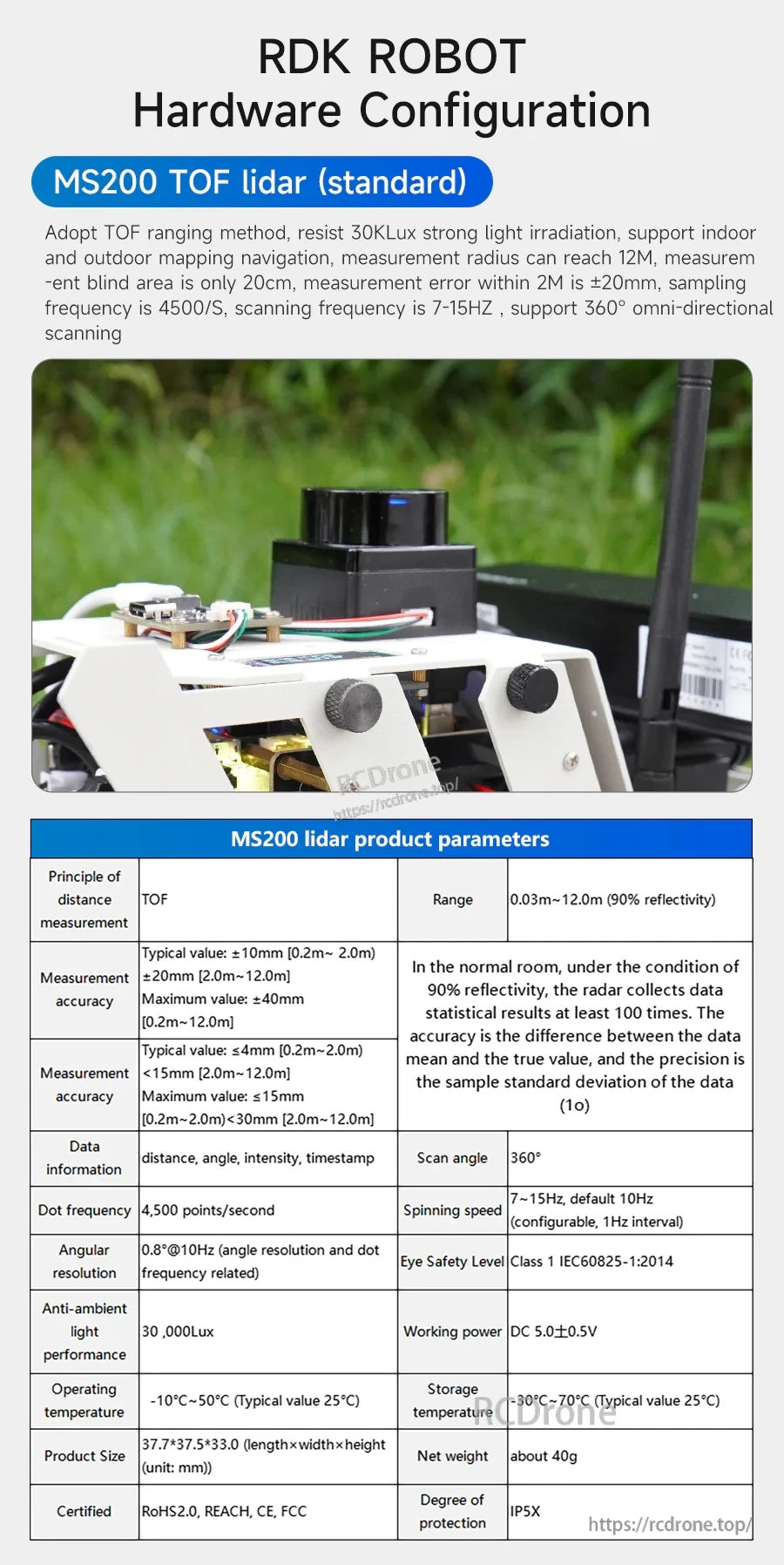 MS200 TOF lidar hardware configuration sheet with parameters for ranging, scan angle and outdoor mapping support