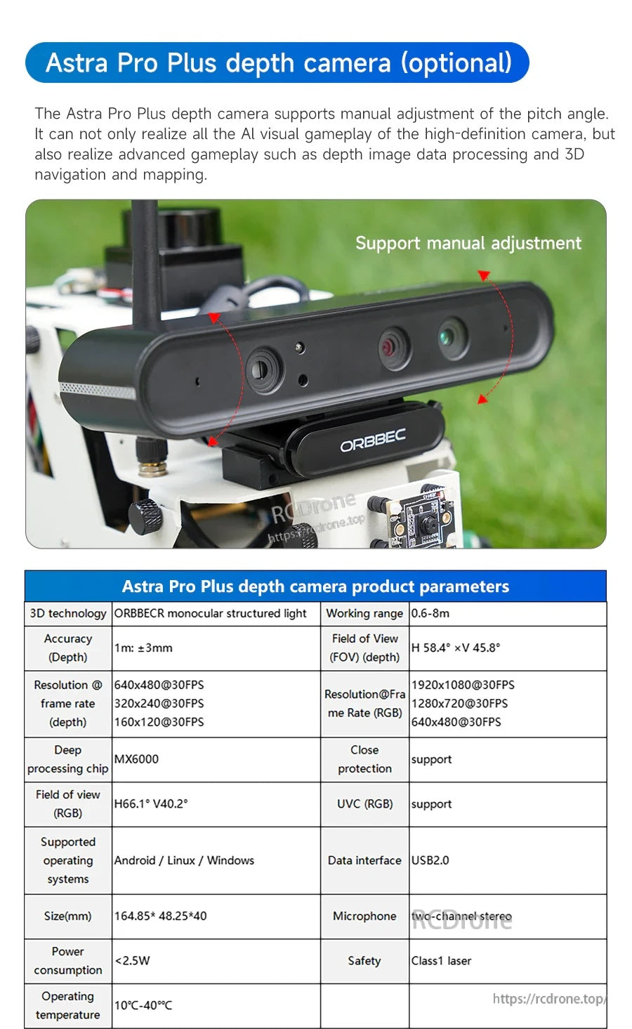 Astra Pro Plus optional depth camera close-up with manual angle adjustment and specification table