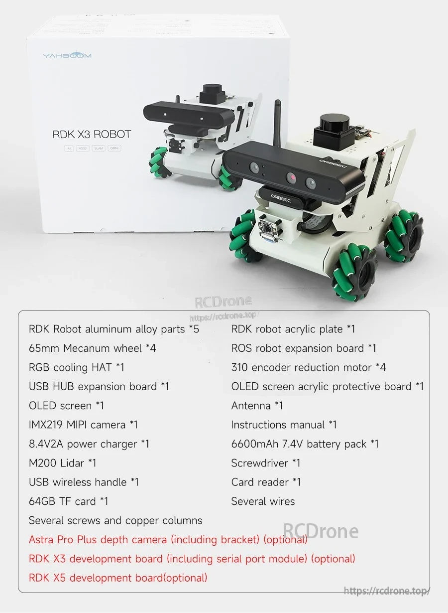 Yahboom RDK X3 ROS2 robot kit with mecanum wheels, camera module, antenna, and included parts list