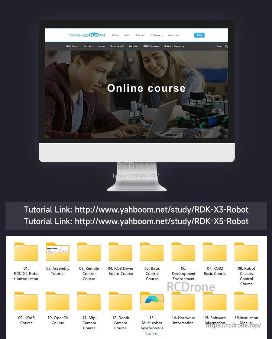 Yahboom RDK ROS2 Robot online course page with tutorial links and downloadable folders for RDK-X3 and RDK-X5