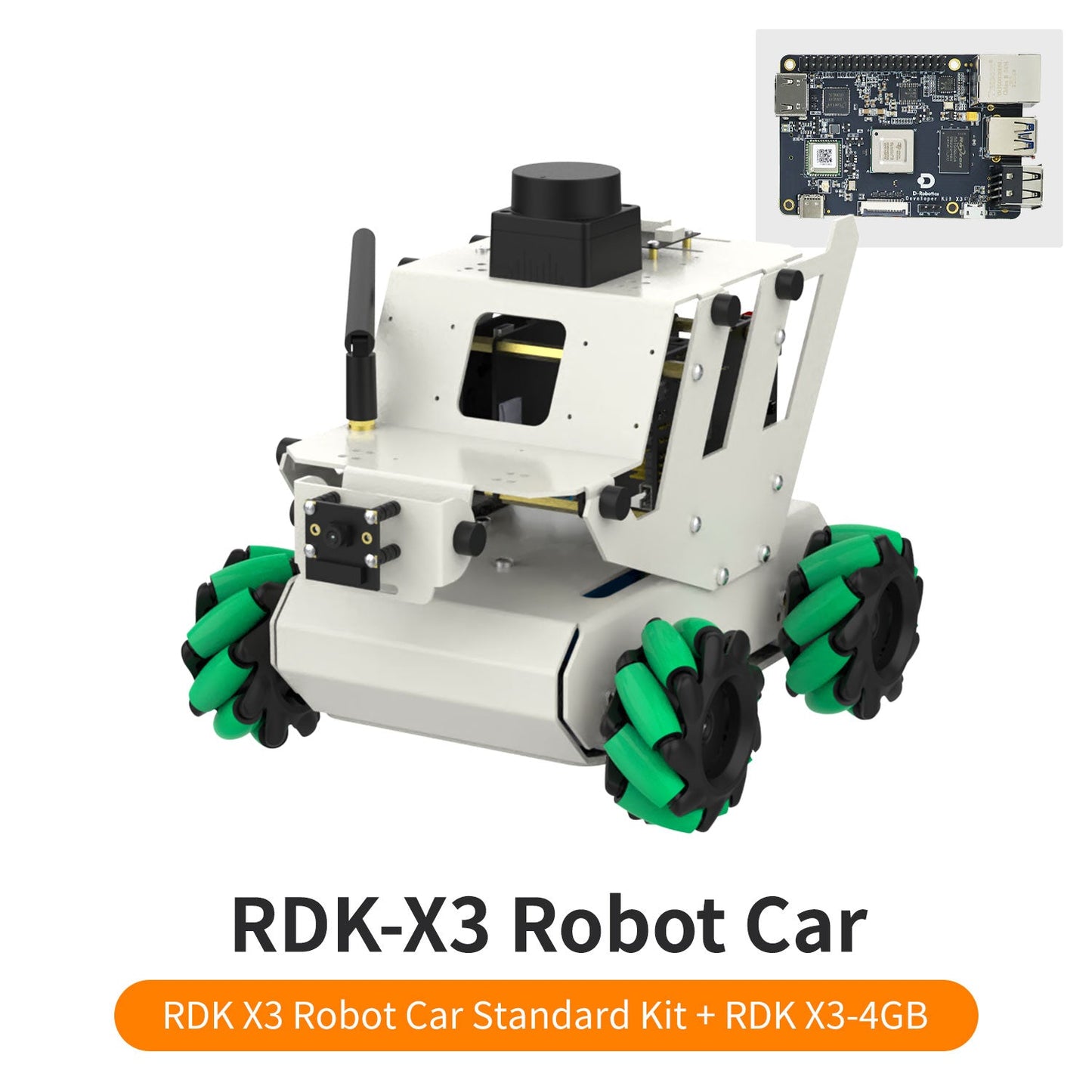 RDK-X3 Robot Car standard kit graphic with inset of mainboard, rear-left view on white background