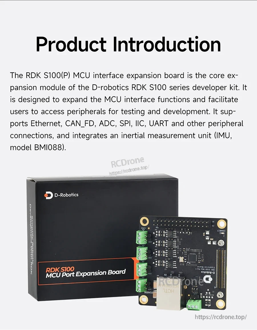 RDK S100 MCU port expansion board packaging with board photo and brief feature overview text