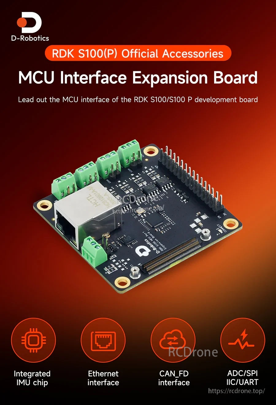 D-Robotics RDK S100(P) MCU interface expansion board with RJ45 Ethernet, CAN FD terminals, and 30-pin header