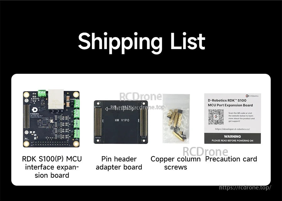 Package contents list: RDK S100(P) MCU port expansion board, pin header adapter, copper column screws, and precaution card