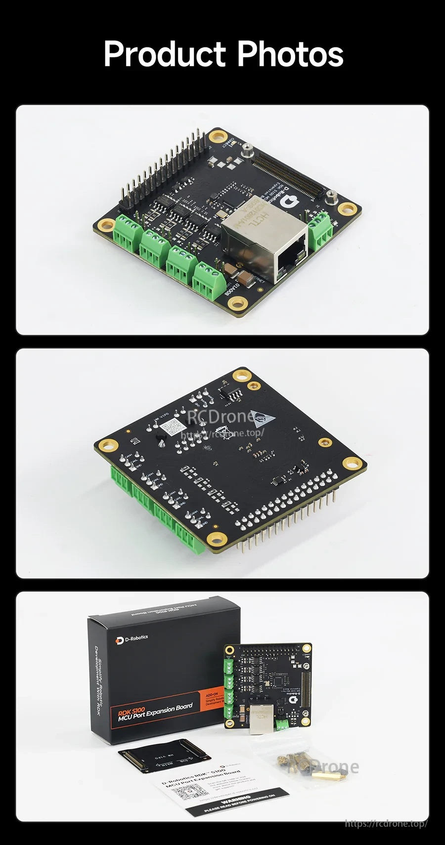 Product photos collage showing top and bottom views of the expansion board plus retail box contents