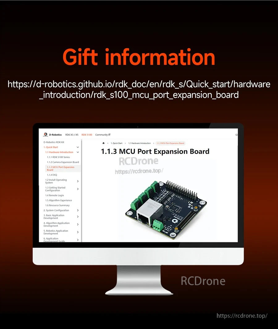 Quick-start documentation link for the RDK S100 MCU port expansion board displayed on a desktop monitor
