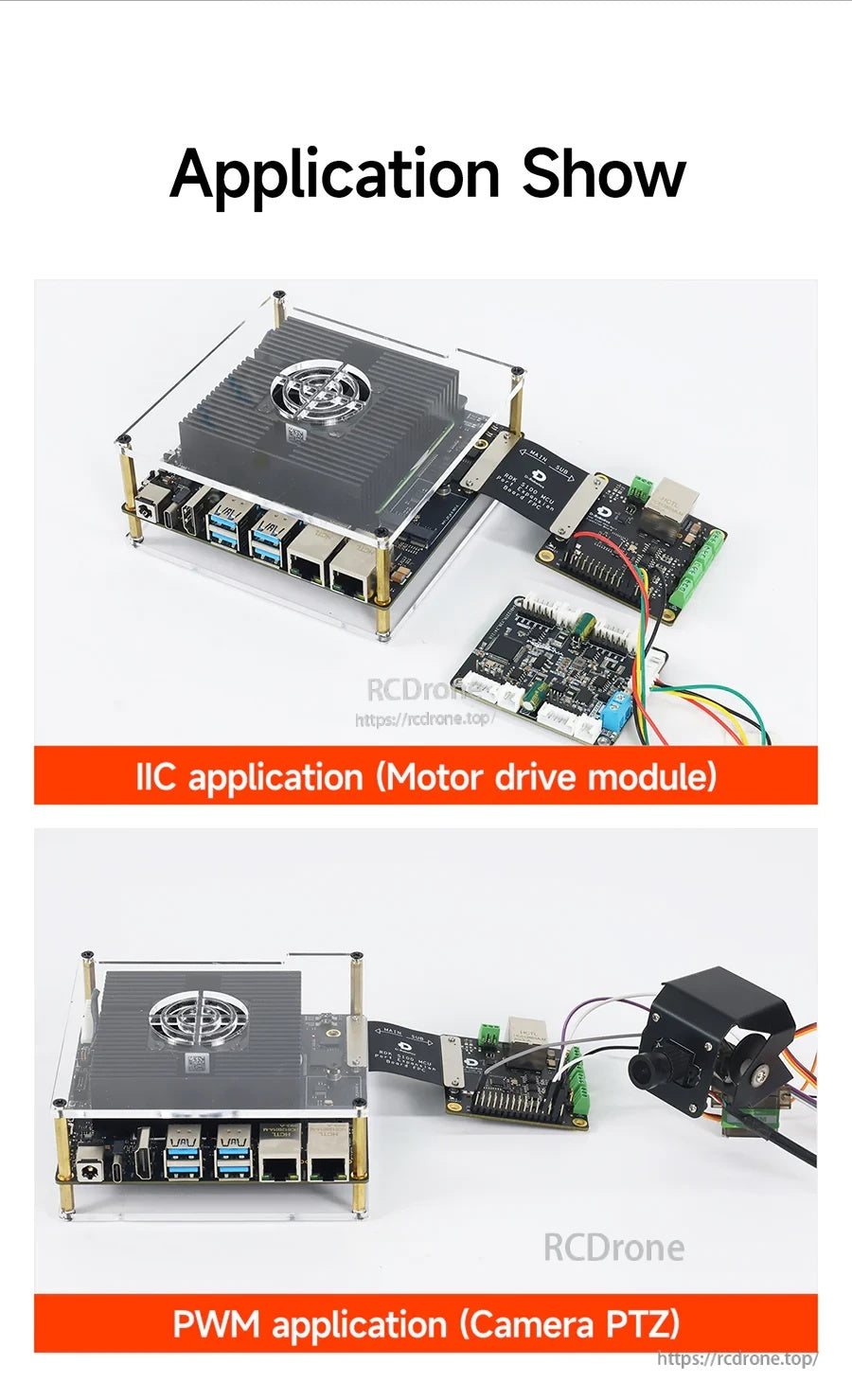 Application examples of the expansion board connected to a motor drive module via IIC and a camera PTZ via PWM