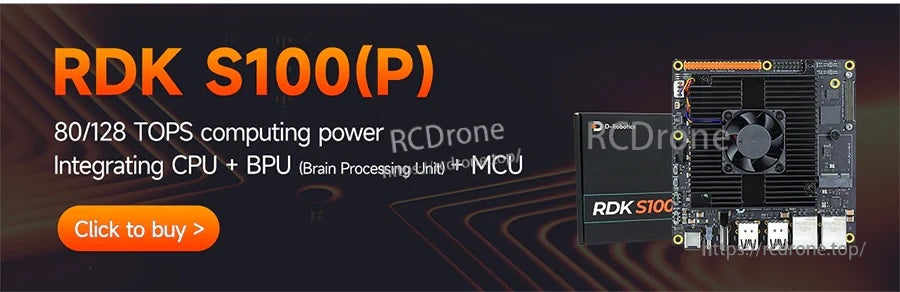 RDK S100(P) development kit banner highlighting 80/128 TOPS computing power and MCU integration